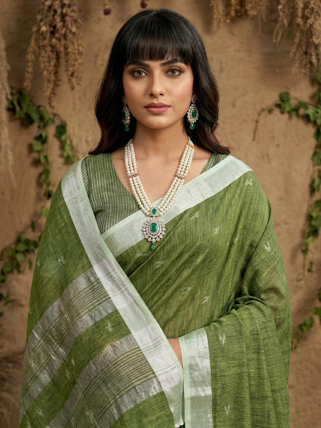 Elegant Green Linen Saree with Silver Border Lightweight Festive Ethnic Wear
