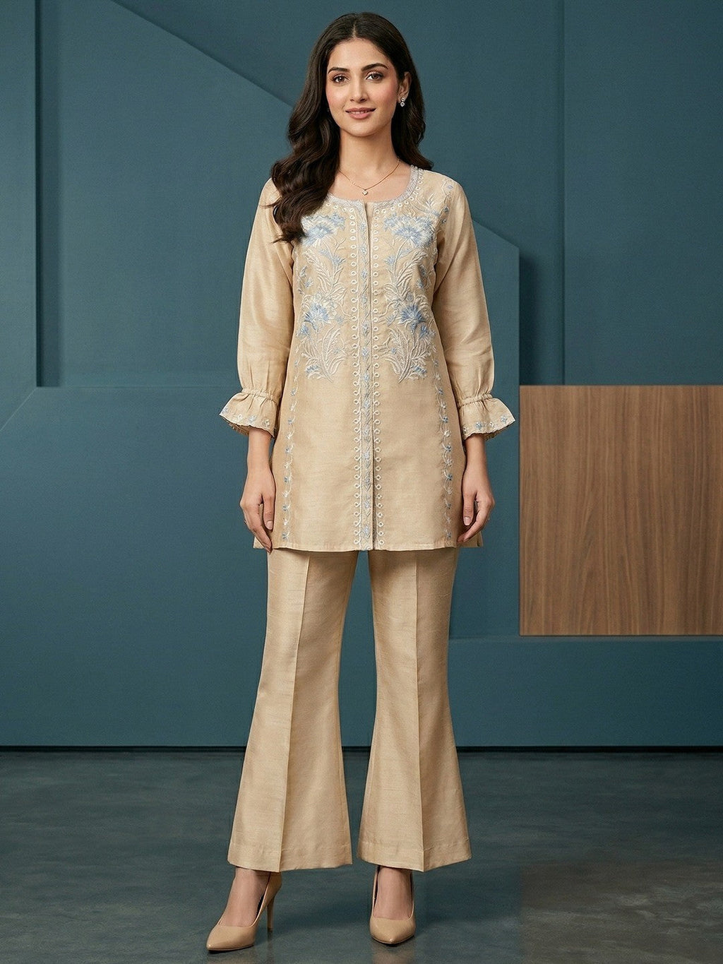 Beige Crepe Straight Fit Top Bottom Set with Elegant Embroidery