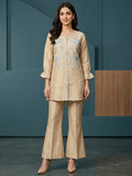 Beige Crepe Straight Fit Top Bottom Set with Elegant Embroidery