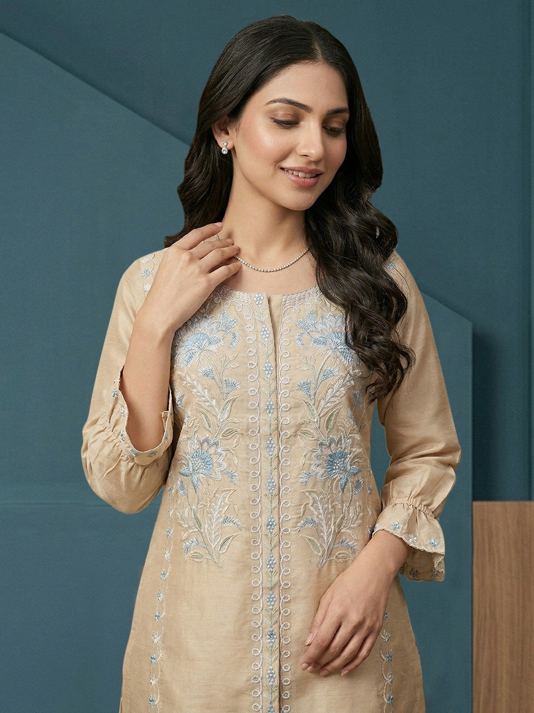 Beige Crepe Straight Fit Top Bottom Set with Elegant Embroidery
