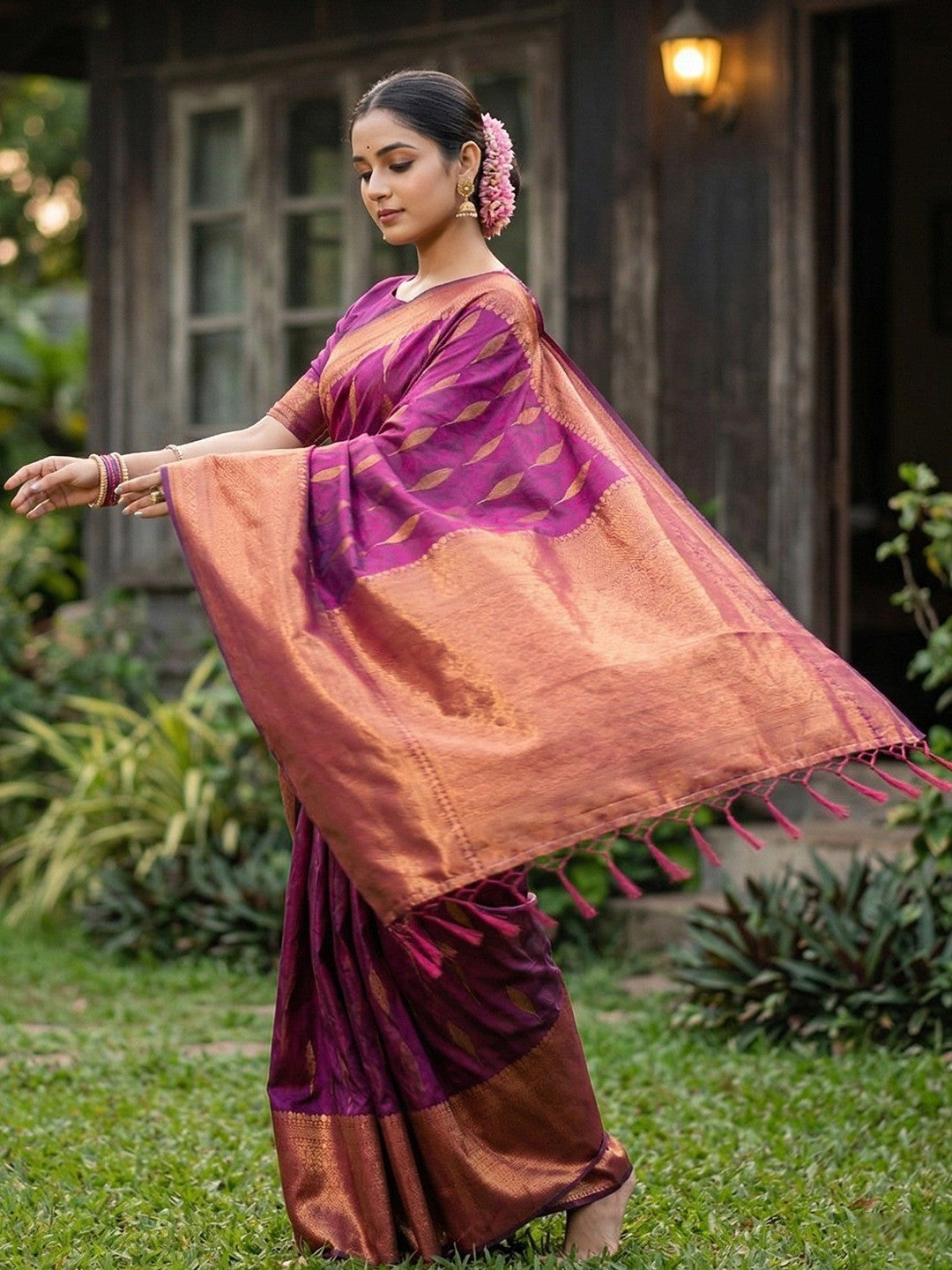 Purple Silk Blend Saree with Elegant Woven Design and Border Classic Ethnic Style