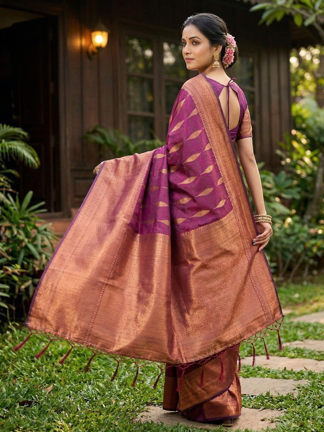 Purple Silk Blend Saree with Elegant Woven Design and Border Classic Ethnic Style