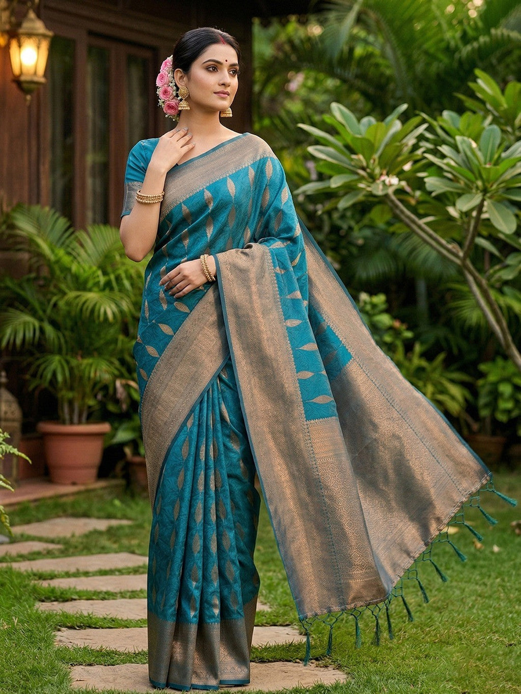 Rama Blue Silk Blend Saree with Woven Design and Zari Border