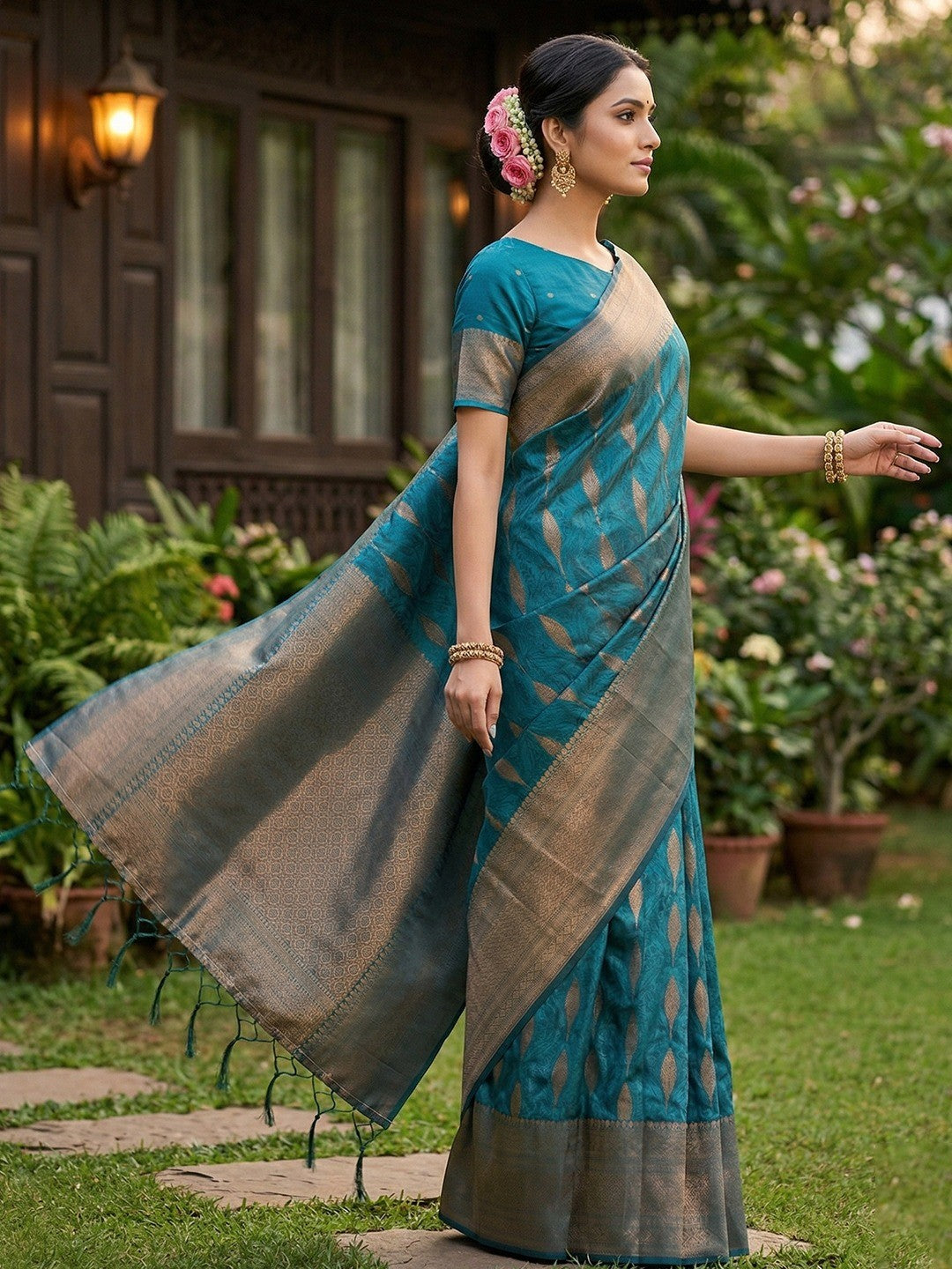 Rama Blue Silk Blend Saree with Woven Design and Zari Border