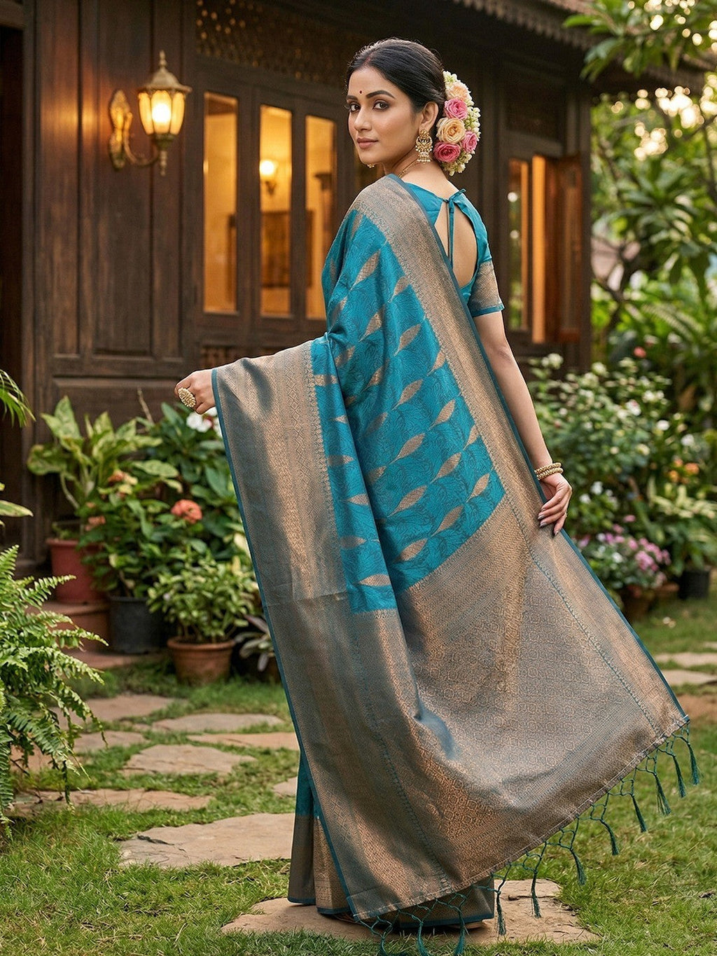 Rama Blue Silk Blend Saree with Woven Design and Zari Border