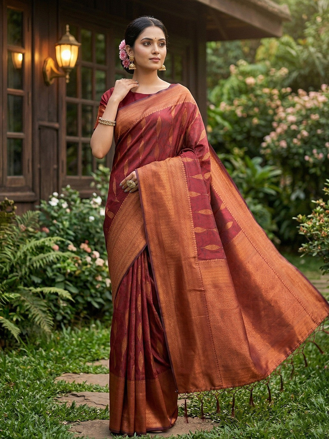 Soft Maroon Silk Blend Saree with Woven Design and Border Comfortable Ethnic Wear