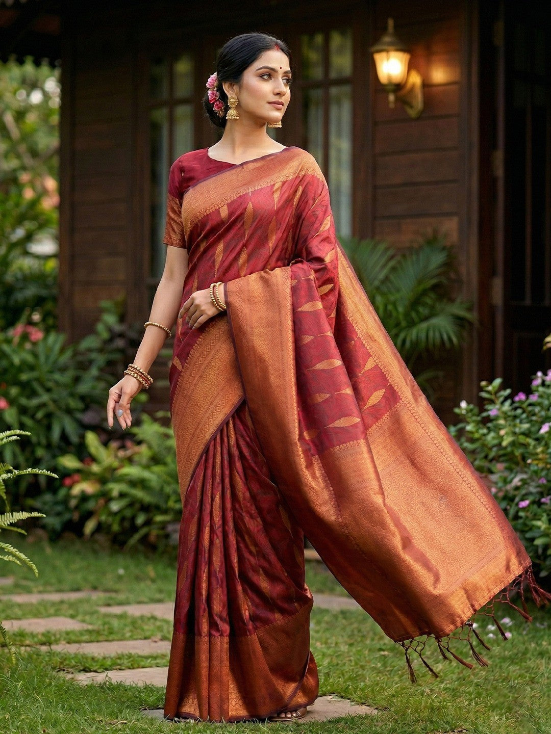 Soft Maroon Silk Blend Saree with Woven Design and Border Comfortable Ethnic Wear
