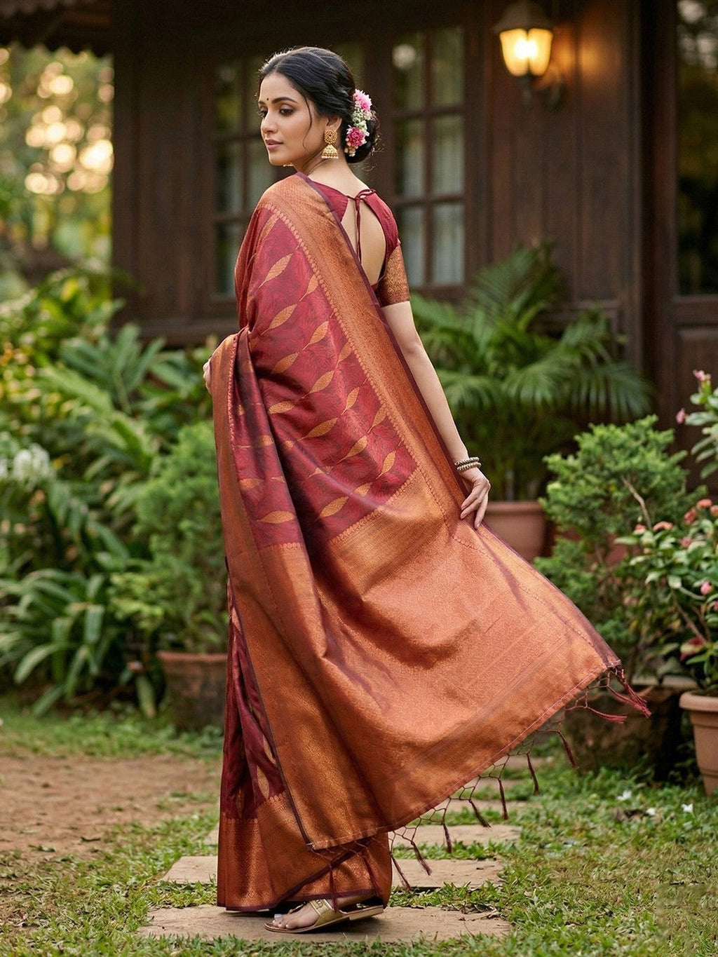 Soft Maroon Silk Blend Saree with Woven Design and Border Comfortable Ethnic Wear