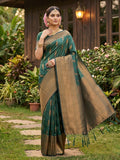 Green Silk Blend Saree with Woven Design and Border Comfortable Ethnic Wear