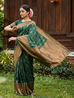 Green Silk Blend Saree with Woven Design and Border Comfortable Ethnic Wear