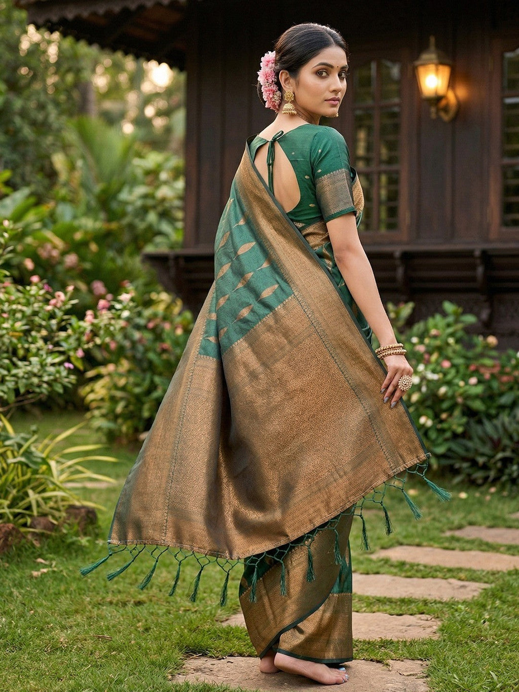 Green Silk Blend Saree with Woven Design and Border Comfortable Ethnic Wear
