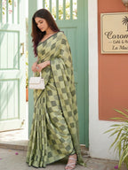 Green Linen Saree with Checks and Contrast Border Comfortable Ethnic Wear
