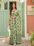 Green Linen Saree with Checks and Contrast Border Comfortable Ethnic Wear