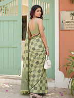 Green Linen Saree with Checks and Contrast Border Comfortable Ethnic Wear