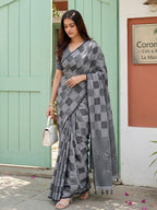 Grey Linen Saree with Checks and Contrast Border Comfortable Ethnic Wear