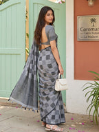 Grey Linen Saree with Checks and Contrast Border Comfortable Ethnic Wear