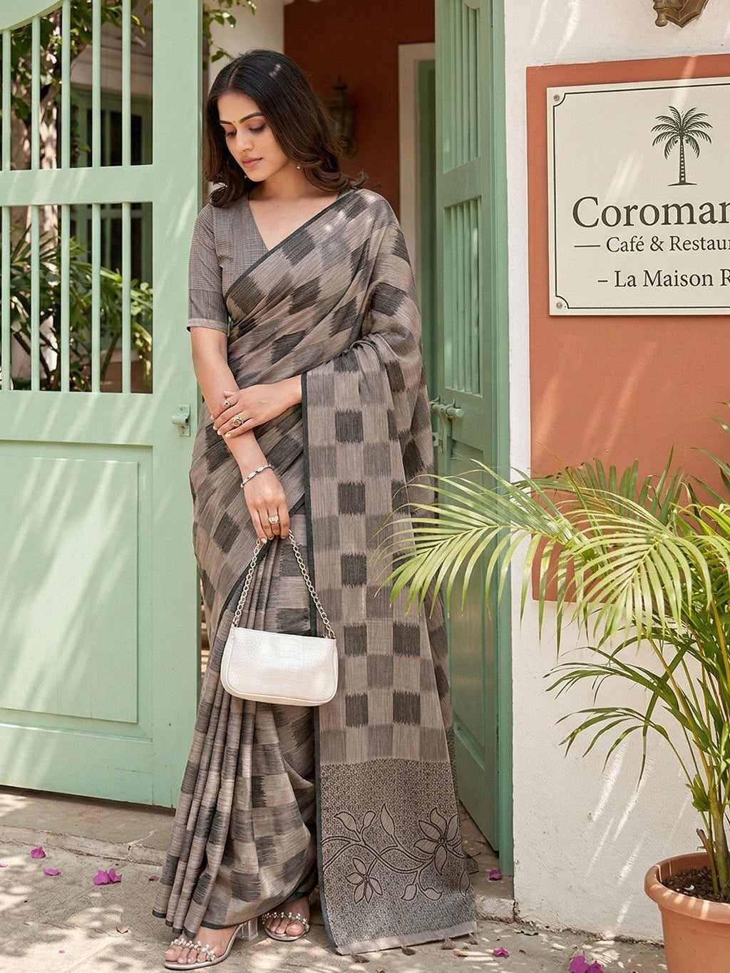 Elegant Grey Linen Saree with Checked Pattern and Floral Border
