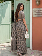 Elegant Grey Linen Saree with Checked Pattern and Floral Border