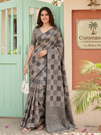 Elegant Grey Linen Saree with Checked Pattern and Floral Border