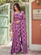 Purple Linen Saree with Checks and Contrast Border Comfortable Ethnic Wear