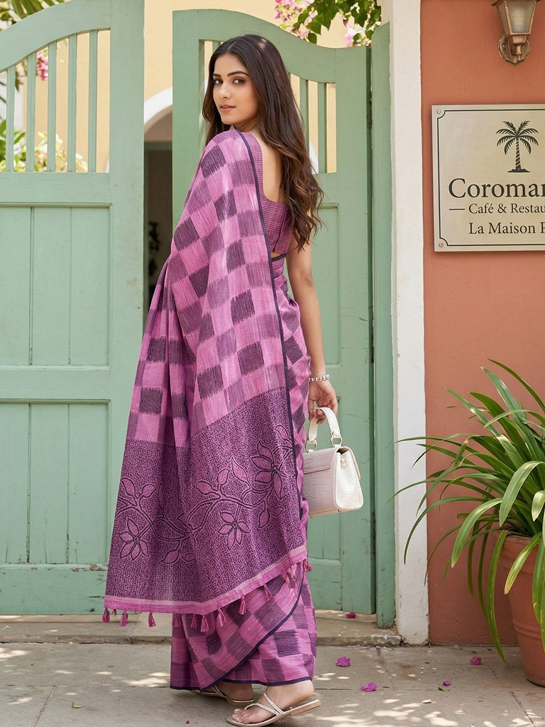 Purple Linen Saree with Checks and Contrast Border Comfortable Ethnic Wear