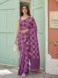Purple Linen Saree with Checks and Contrast Border Comfortable Ethnic Wear
