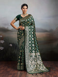 Graceful Green Floral & Elephant Motif Silk Blend Saree With Zari Weaving & Tassels Pallu