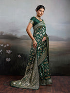 Graceful Green Floral & Elephant Motif Silk Blend Saree With Zari Weaving & Tassels Pallu