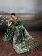 Graceful Green Floral & Elephant Motif Silk Blend Saree With Zari Weaving & Tassels Pallu