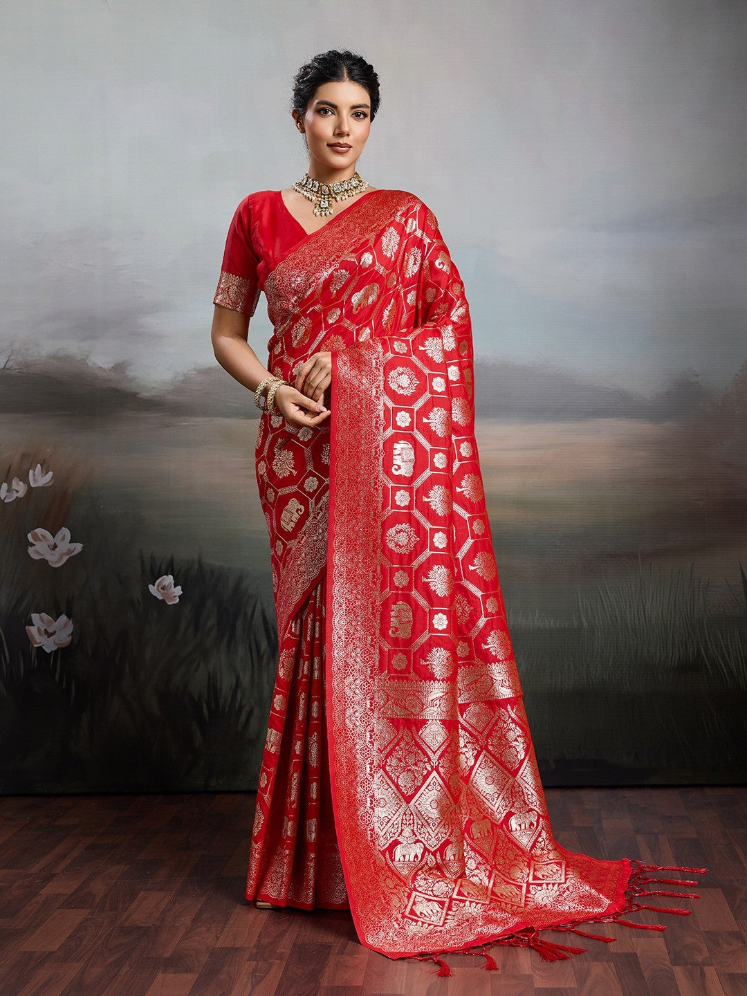 Elegant Red Silk Blend Saree with Zari Woven Elephant Motifs