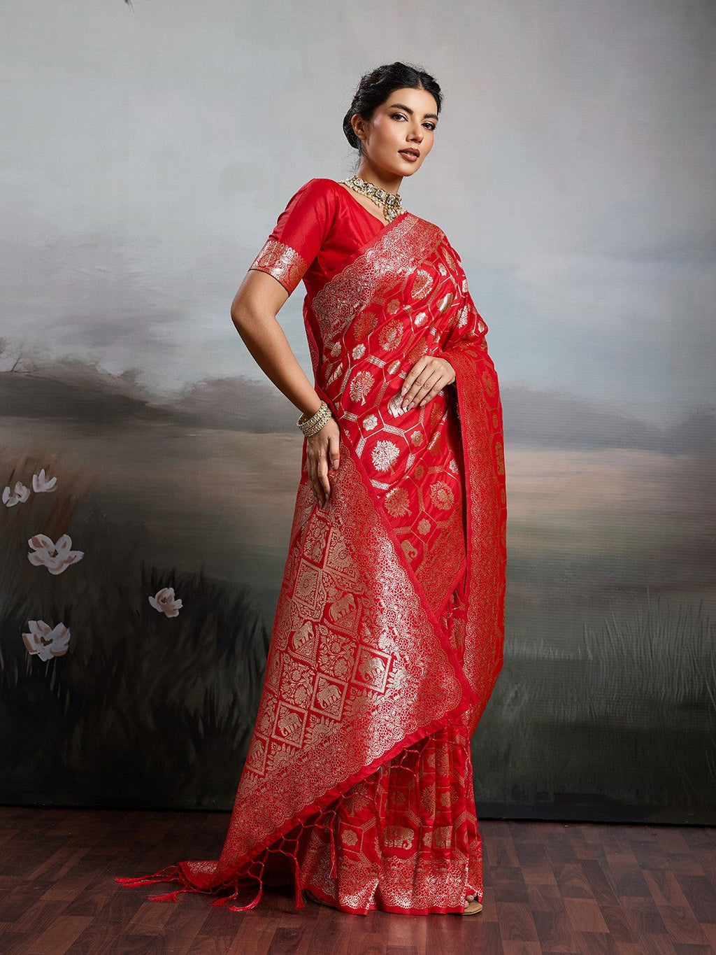 Elegant Red Silk Blend Saree with Zari Woven Elephant Motifs