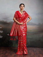 Elegant Red Silk Blend Saree with Zari Woven Elephant Motifs