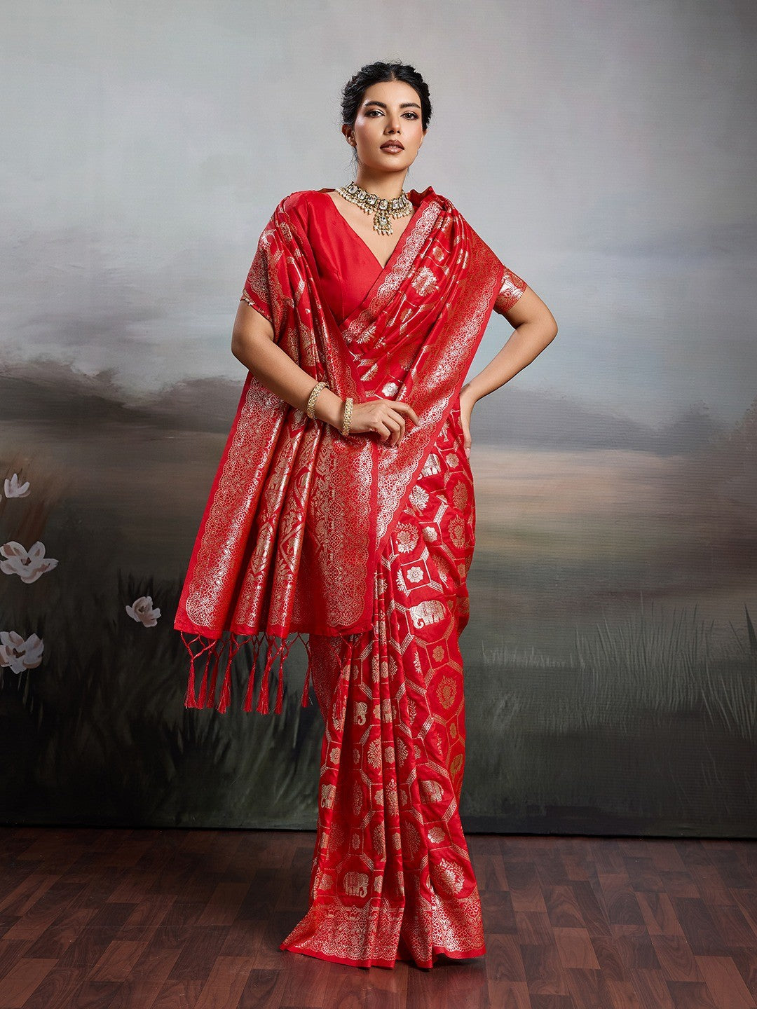 Elegant Red Silk Blend Saree with Zari Woven Elephant Motifs
