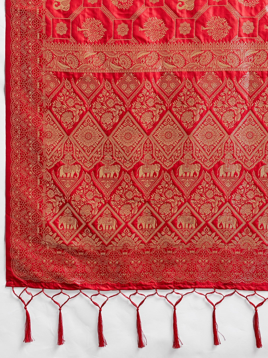 Elegant Red Silk Blend Saree with Zari Woven Elephant Motifs