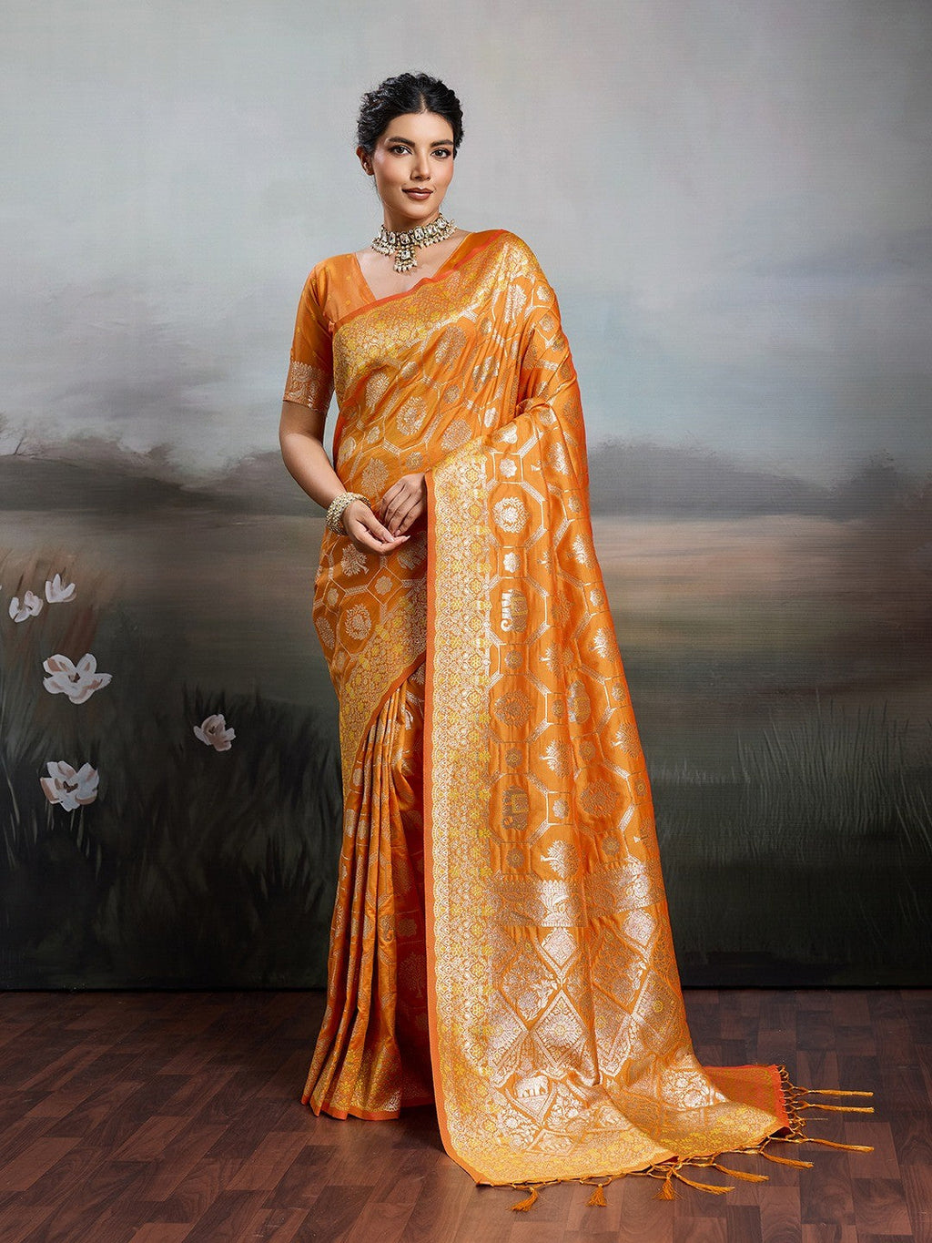 Elegant Orange Floral & Elephant Motif Silk Blend Saree with Zari Work