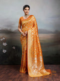 Elegant Orange Floral & Elephant Motif Silk Blend Saree with Zari Work