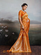 Elegant Orange Floral & Elephant Motif Silk Blend Saree with Zari Work