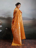 Elegant Orange Floral & Elephant Motif Silk Blend Saree with Zari Work