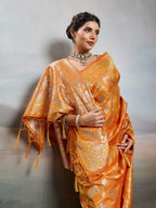 Elegant Orange Floral & Elephant Motif Silk Blend Saree with Zari Work