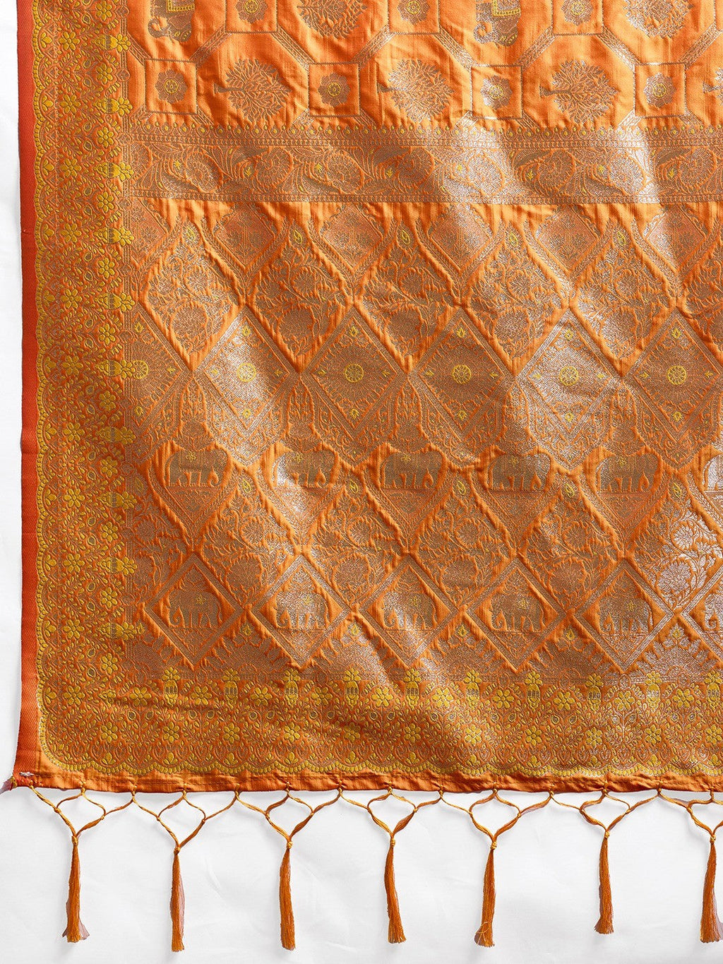 Elegant Orange Floral & Elephant Motif Silk Blend Saree with Zari Work