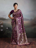 Graceful Wine Floral & Elephant Motif Silk Blend Saree With Zari Weaving & Tassels Pallu