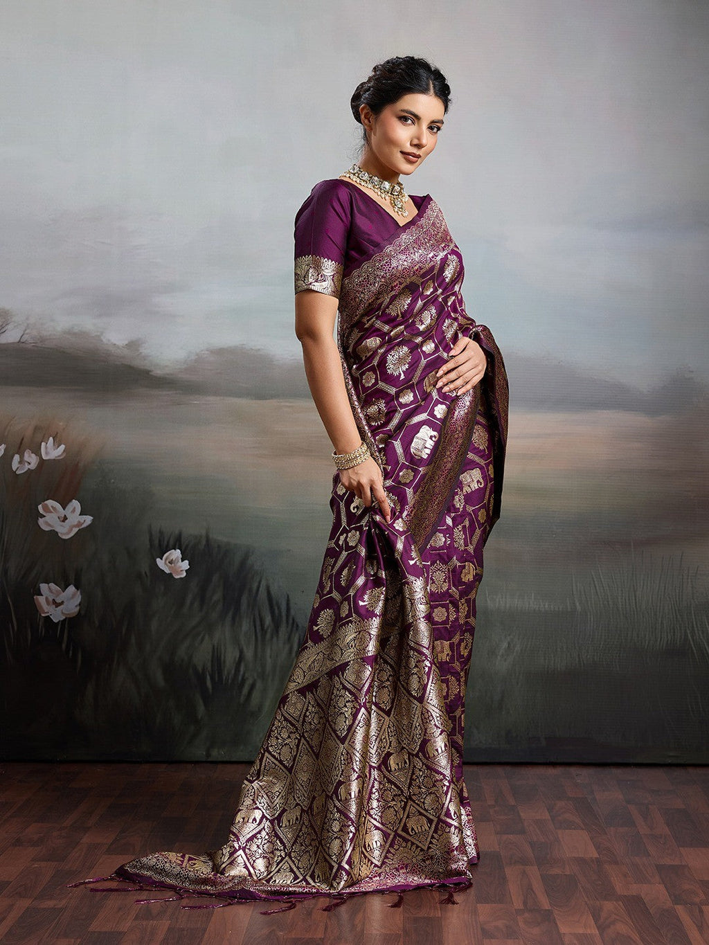 Graceful Wine Floral & Elephant Motif Silk Blend Saree With Zari Weaving & Tassels Pallu