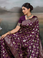 Graceful Wine Floral & Elephant Motif Silk Blend Saree With Zari Weaving & Tassels Pallu