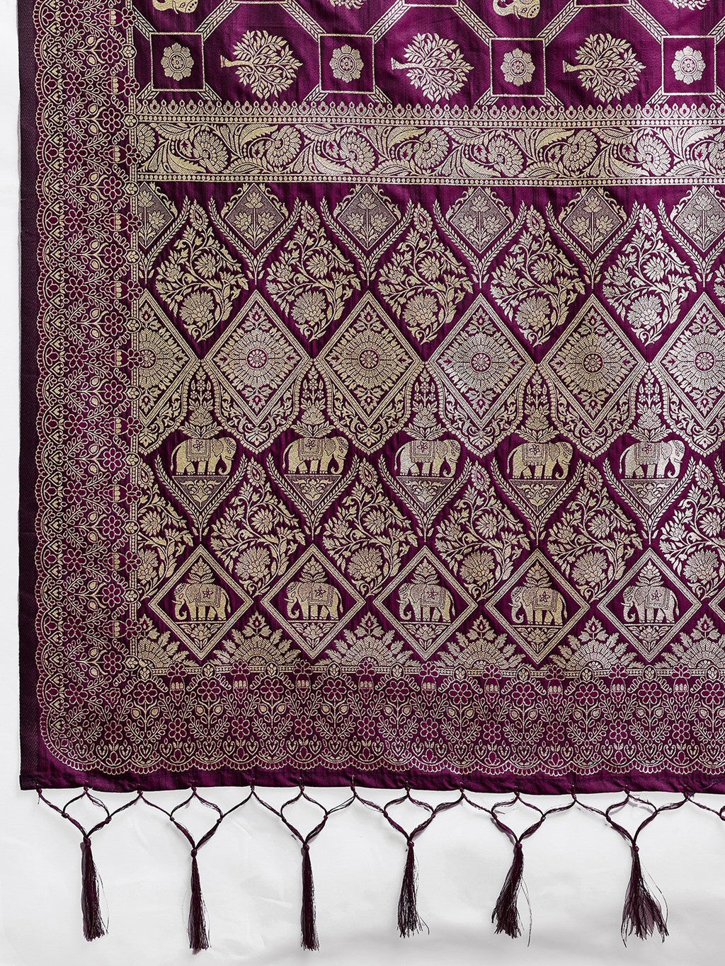 Graceful Wine Floral & Elephant Motif Silk Blend Saree With Zari Weaving & Tassels Pallu