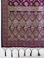Graceful Wine Floral & Elephant Motif Silk Blend Saree With Zari Weaving & Tassels Pallu