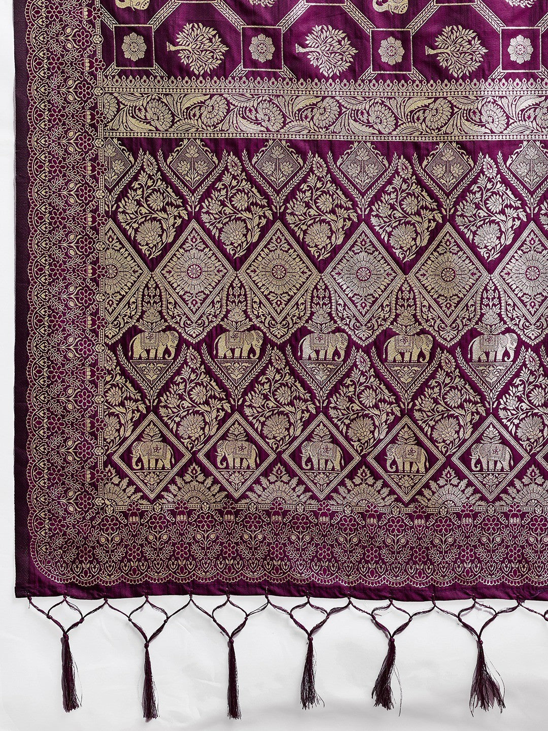 Graceful Wine Floral & Elephant Motif Silk Blend Saree With Zari Weaving & Tassels Pallu