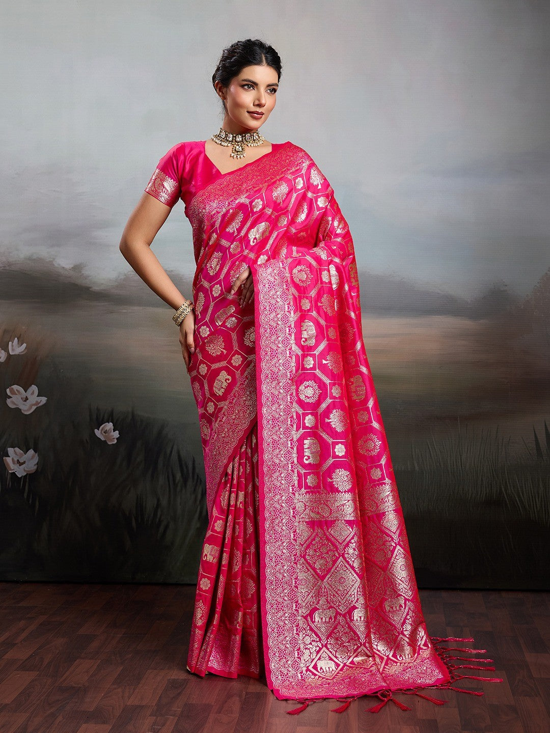 Graceful Rani Pink Floral & Elephant Motif Silk Blend Saree With Zari Weaving & Tassels Pallu