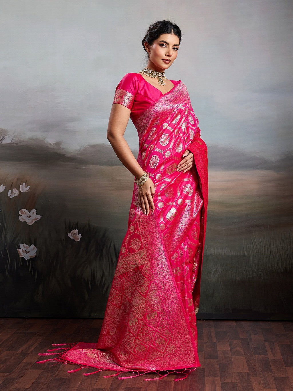 Graceful Rani Pink Floral & Elephant Motif Silk Blend Saree With Zari Weaving & Tassels Pallu