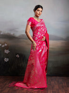 Graceful Rani Pink Floral & Elephant Motif Silk Blend Saree With Zari Weaving & Tassels Pallu
