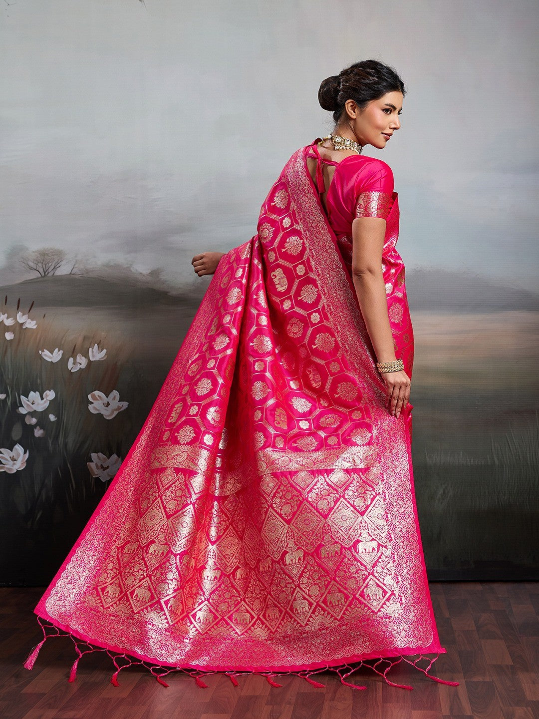 Graceful Rani Pink Floral & Elephant Motif Silk Blend Saree With Zari Weaving & Tassels Pallu